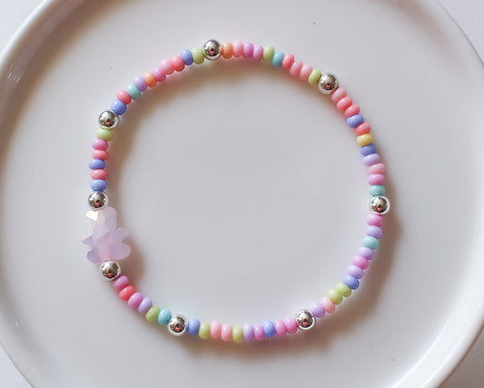 Sweet Pastel Beaded Bracelet | Pink Crystal Bear | Silver Hardware | Munchkin's Collection