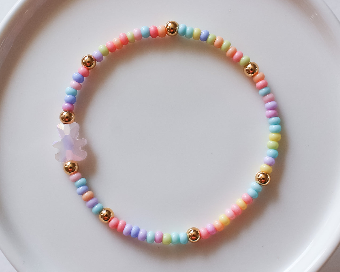 Sweet Pastel Beaded Bracelet | Pink Crystal Bear | Gold Hardware | Munchkin's Collection