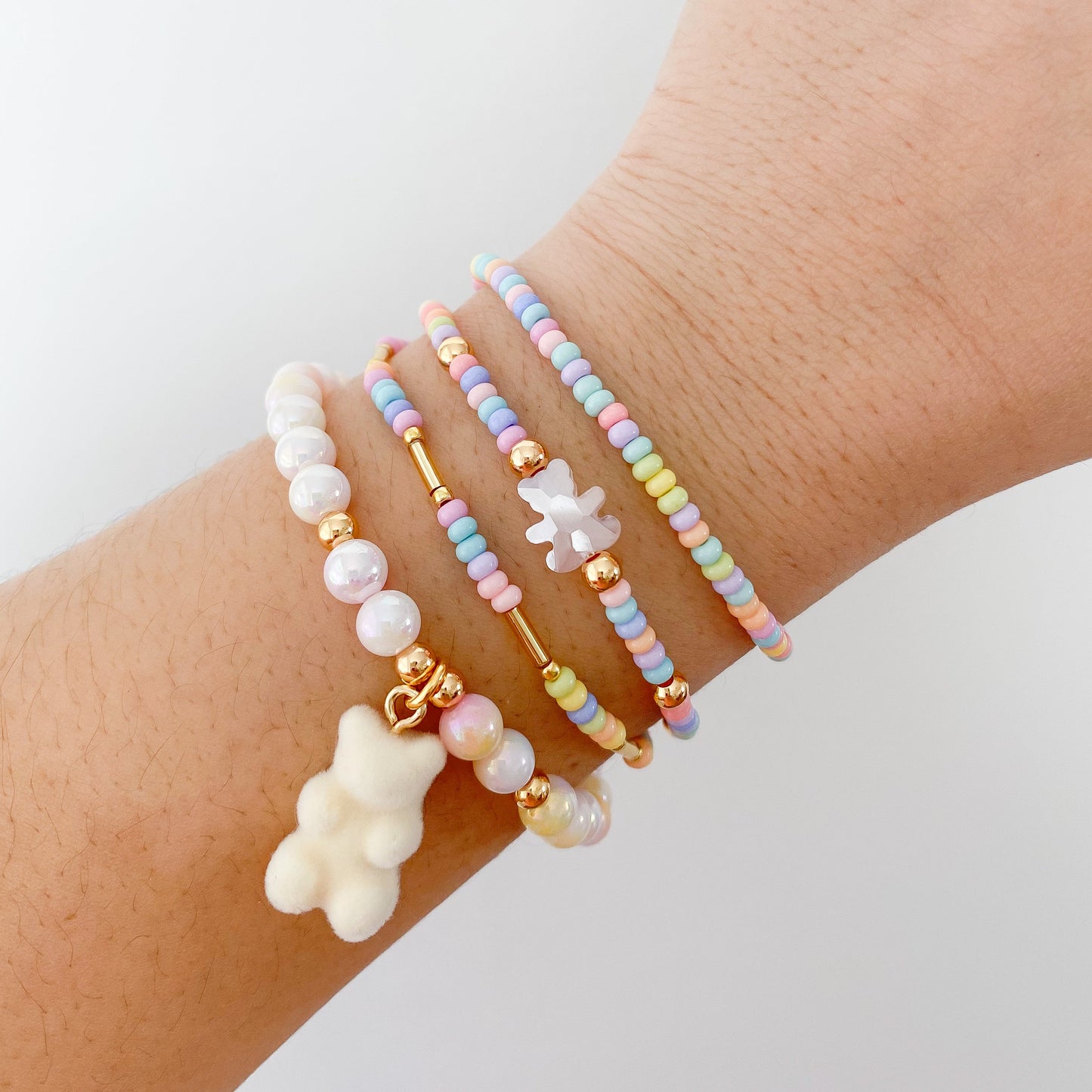 Sweet Pastel Beaded Bracelet | Pink Crystal Bear | Gold Hardware | Munchkin's Collection
