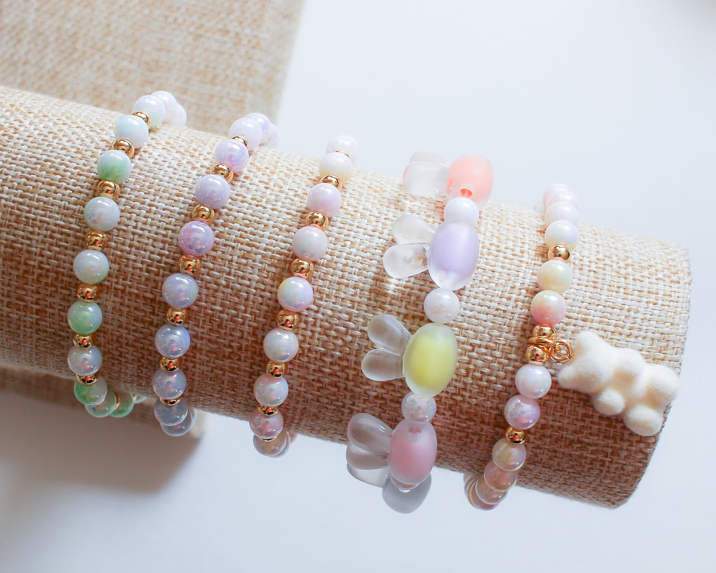 Iridescent Spring Bracelets | Soft Pink Acrylic Beads | Munchkin's Collection