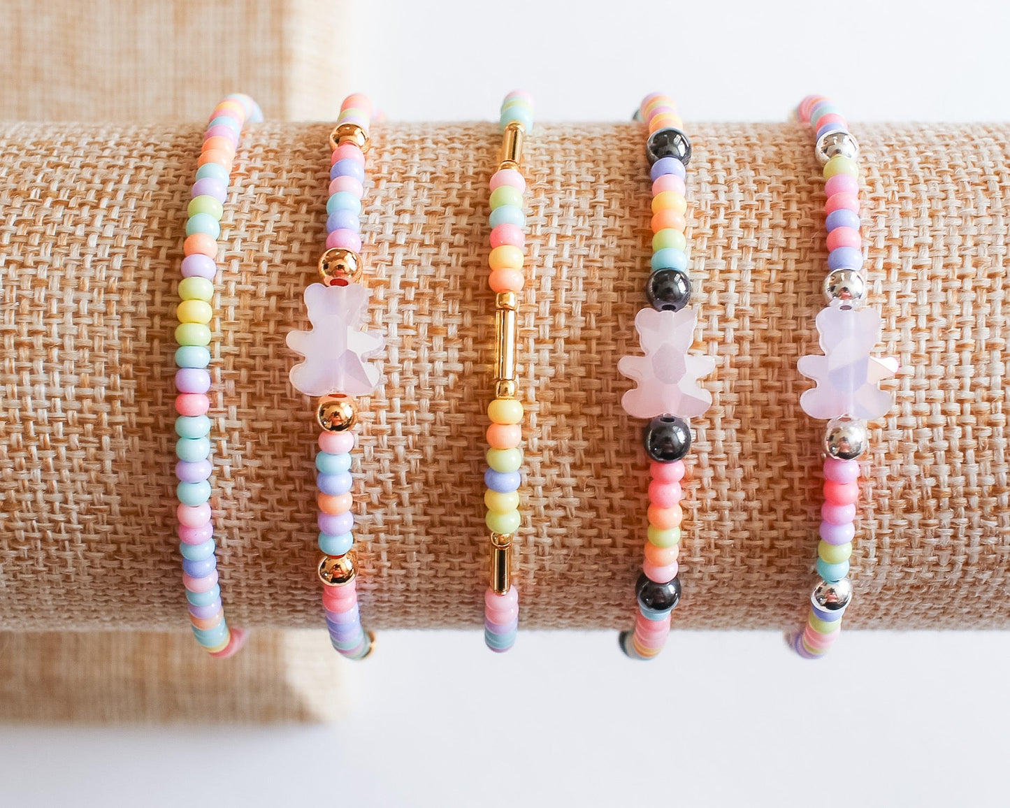 Sweet Pastel Beaded Bracelet | Pink Crystal Bear | Gold Hardware | Munchkin's Collection