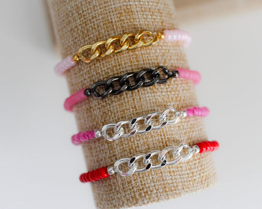 Pink / Red Dainty Chain And Beads Bracelets