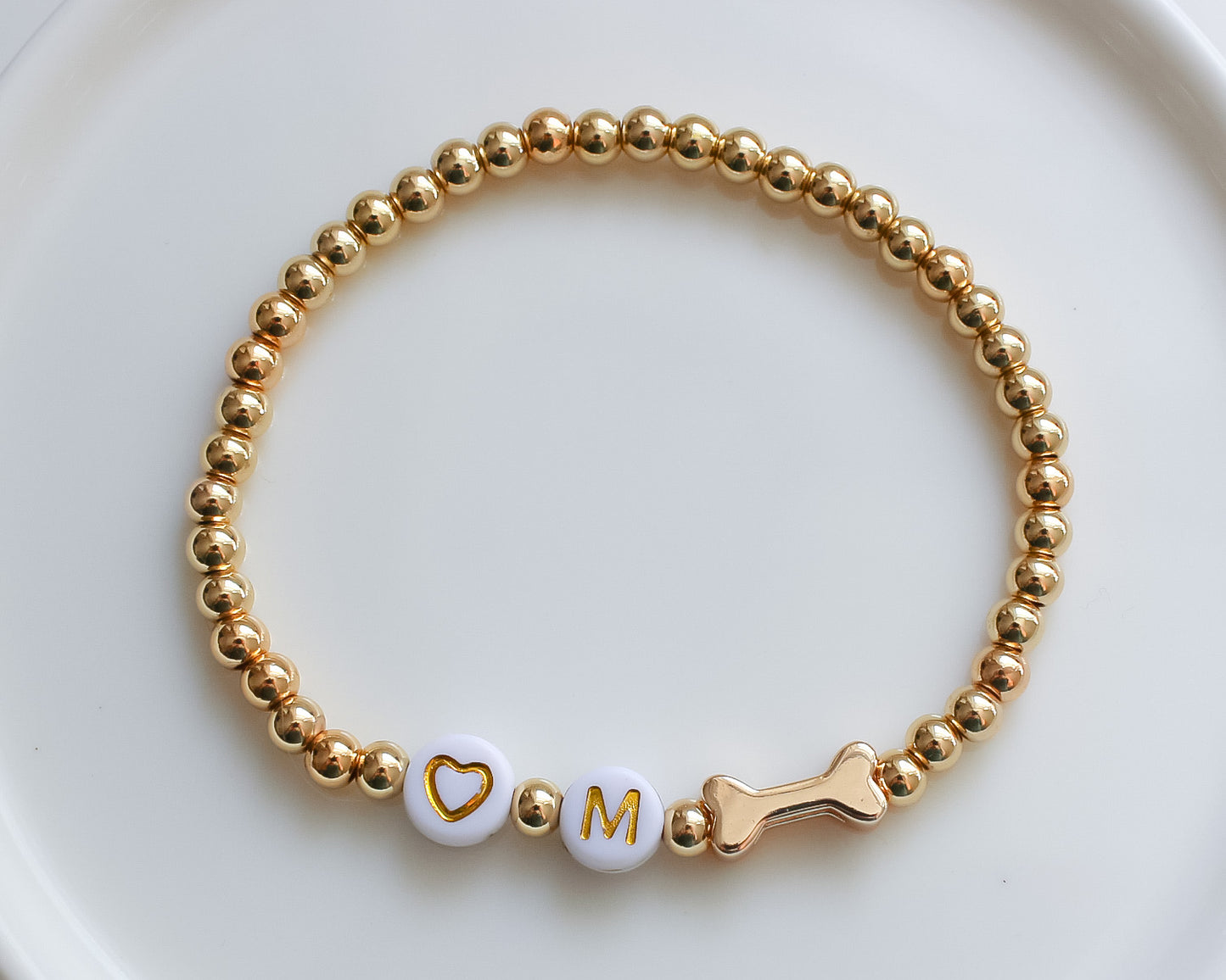 Pet Initial Bracelet | Bone charm, initial bracelet | Gemstone Beads | Gold hardware | Style 2