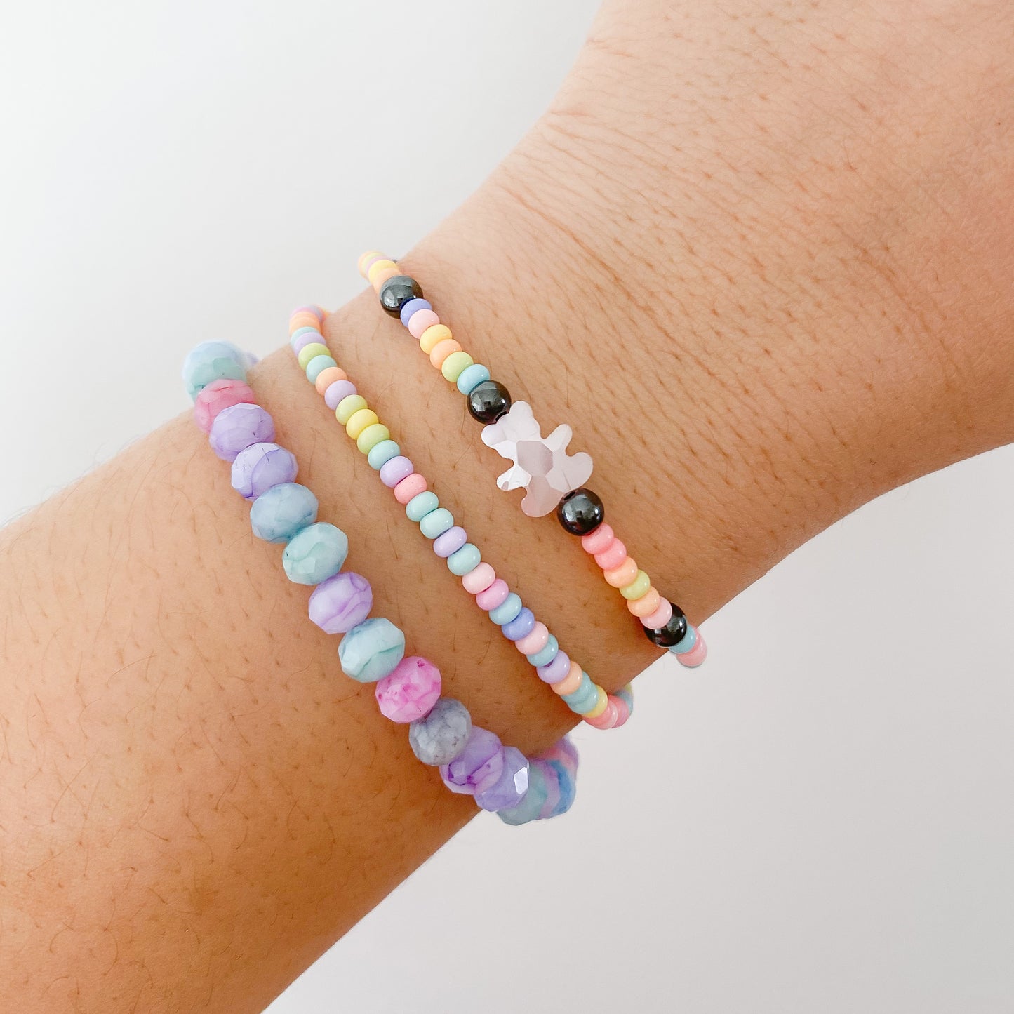 Sweet Pastel Beaded Bracelet | Pink Crystal Bear | Gunmetal Hardware | Munchkin's Collection