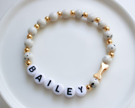 Pet Name Bracelet | Bone charm, name bracelet | Gemstone Beads | Gold hardware | Style 1