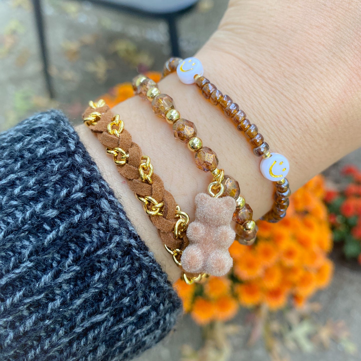 Brown Bracelets | Fall Bear and Smiley Face | Spooky Autumn