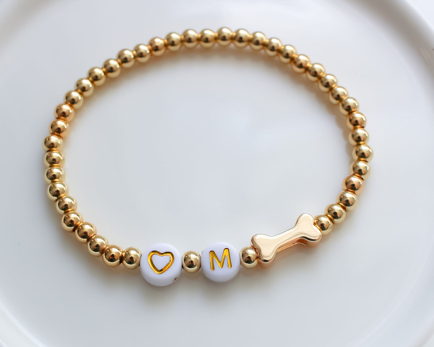 Pet Initial Bracelet | Bone charm, initial bracelet | Gemstone Beads | Gold hardware | Style 2